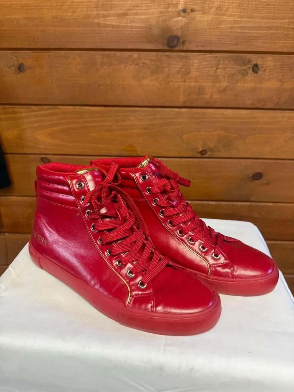 GUESS Men’s GMMICRO-C High-Top Sneakers Red/ gold-tone Sz 8.5